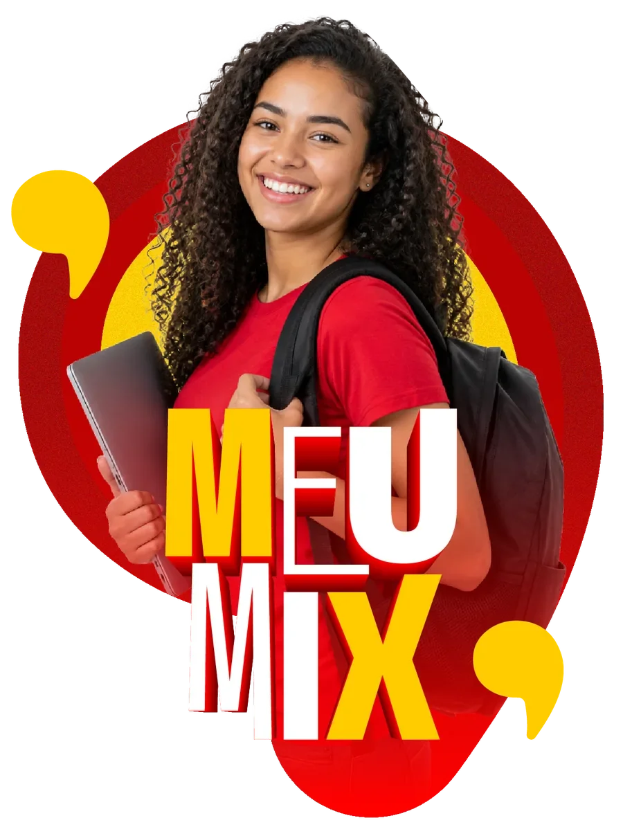 Aluna do Instituto Mix sorrindo, com notebook e mochila, ao lado do logotipo da campanha Meu Mix