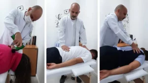 homem em três fotos verticais diferentes fazendo massagem nos pacientes