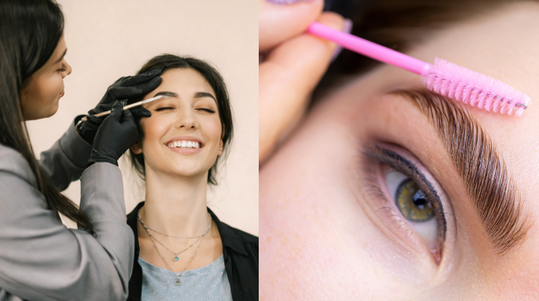 alt 1: profissional realizando brow lamination em sobrancelhas femininas
